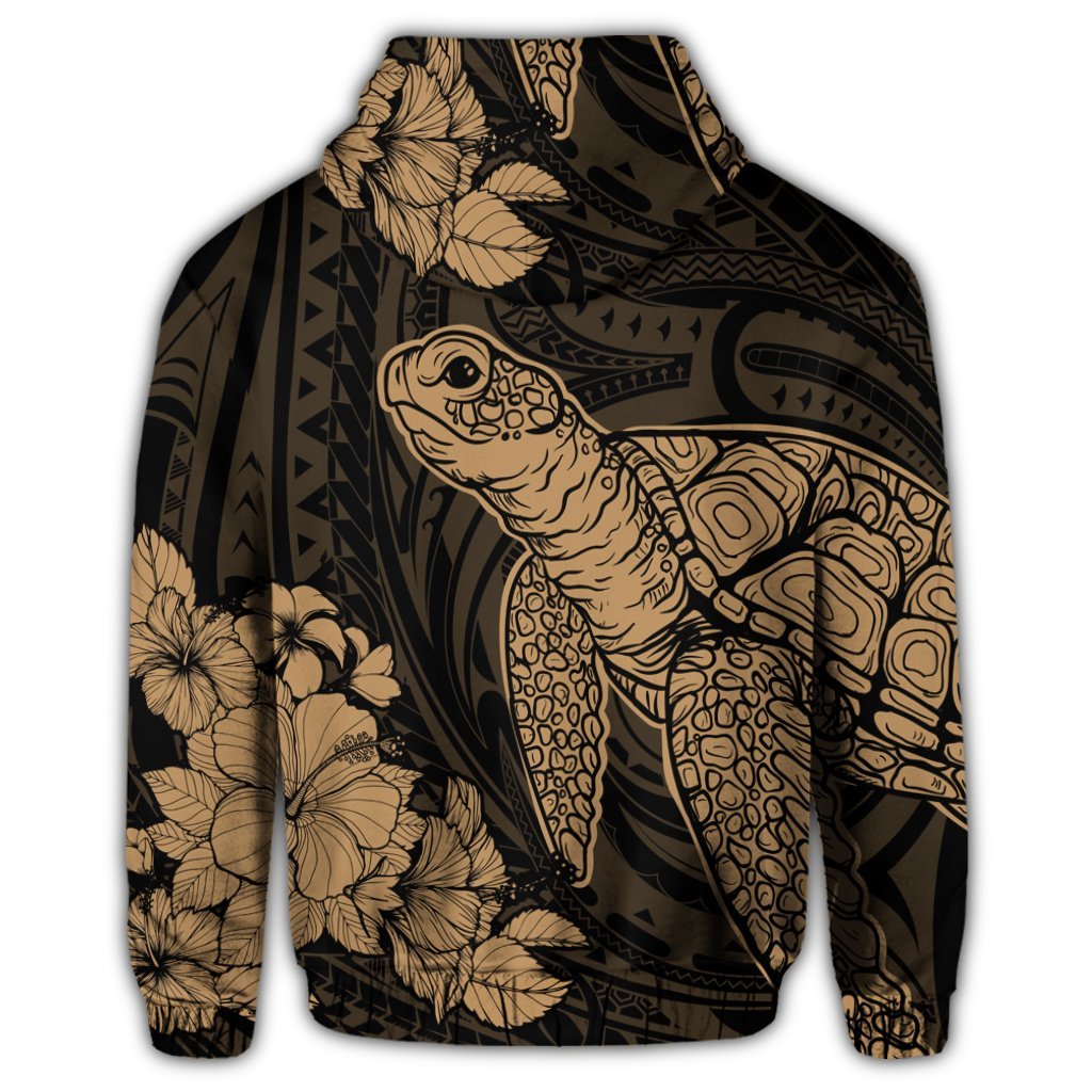 Hawaiian Hibiscus Memory Turtle Polynesian Zip Hoodie Gold - Polynesian Pride
