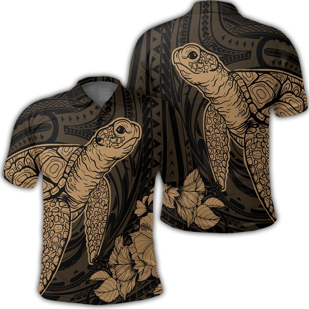 Hawaiian Hibiscus Memory Turtle Polynesian Polo Shirt Gold Unisex Black - Polynesian Pride