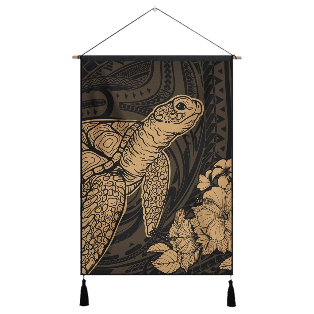 Hawaiian Hibiscus Memory Turtle Polynesian Hanging Poster Gold - AH Hanging Poster Cotton And Linen - Polynesian Pride