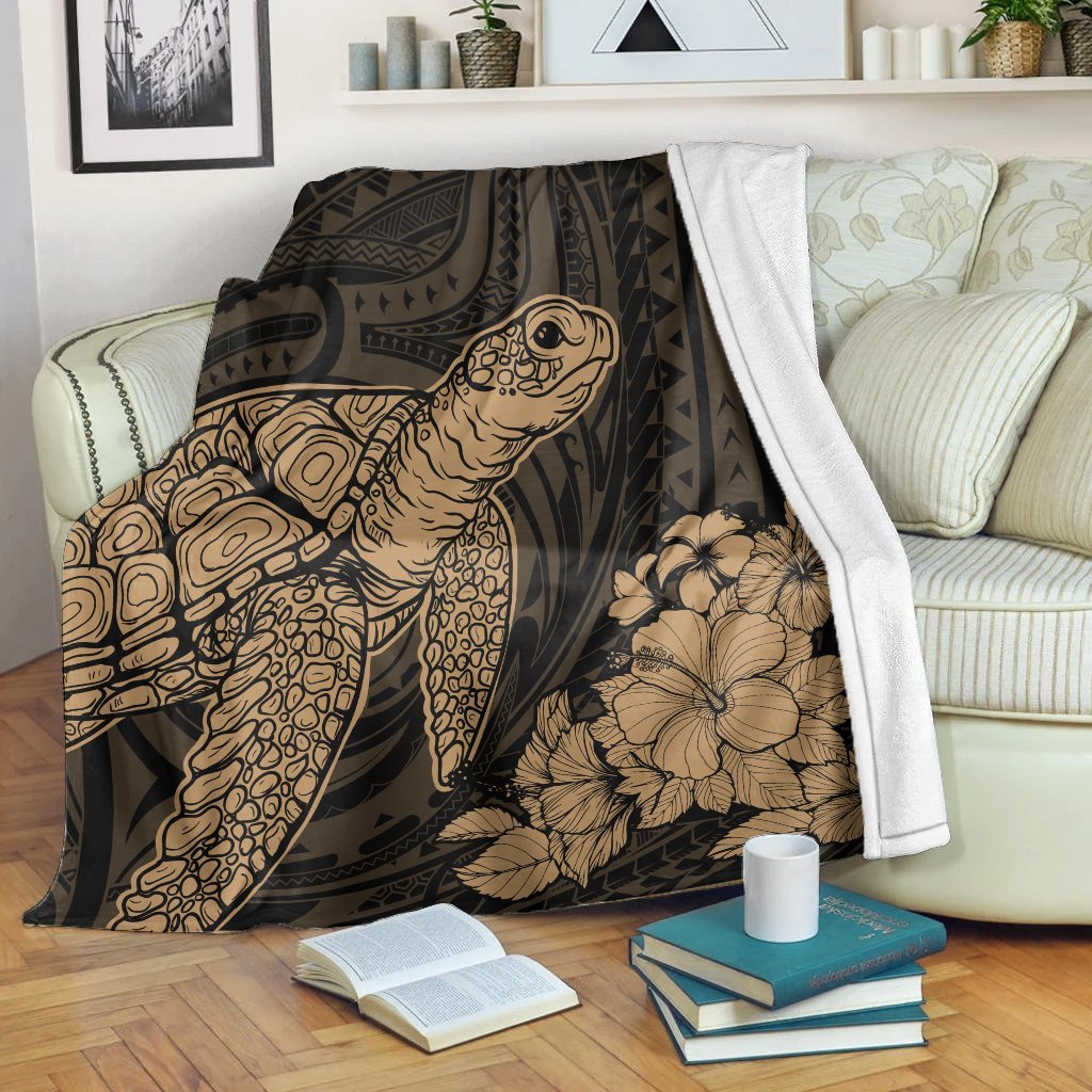 Hawaiian Hibiscus Memory Turtle Polynesian Premium Blankets Gold - AH White - Polynesian Pride