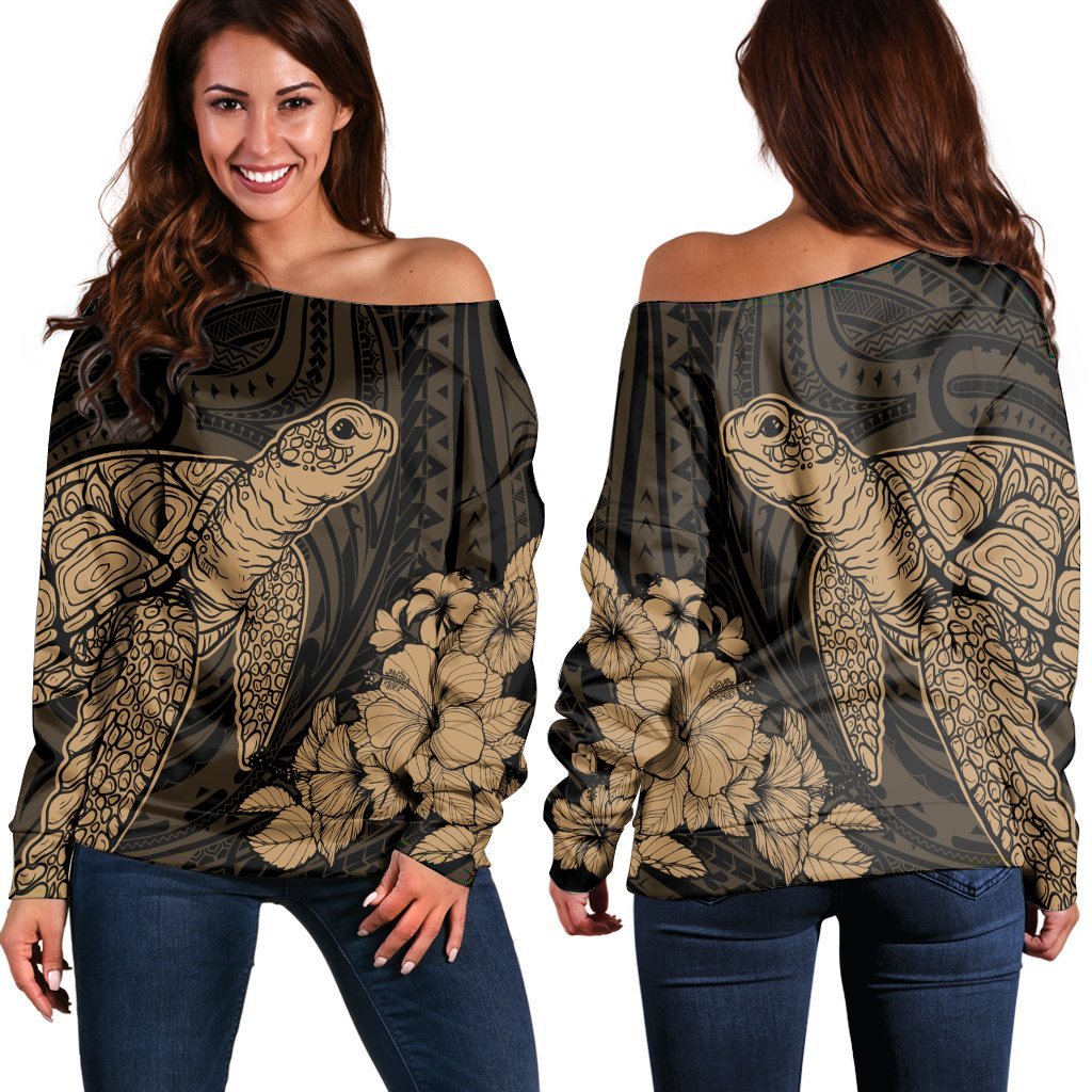 Hawaiian Hibiscus Memory Turtle Polynesian Women's Off Shoulder Sweater Gold - AH Black - Polynesian Pride