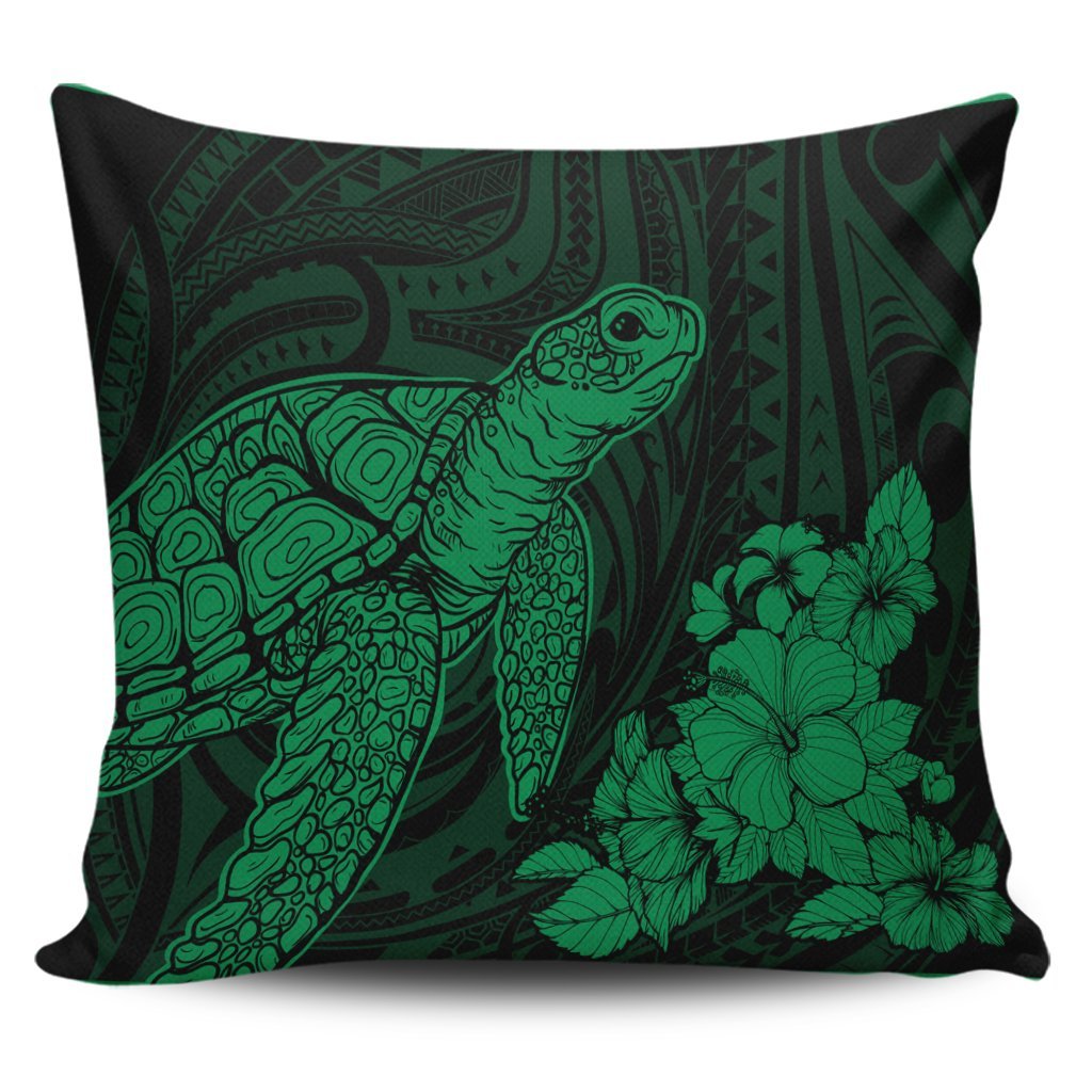 Hawaiian Hibiscus Memory Turtle Polynesian Pillow Covers Green - AH Pillow Covers Black - Polynesian Pride