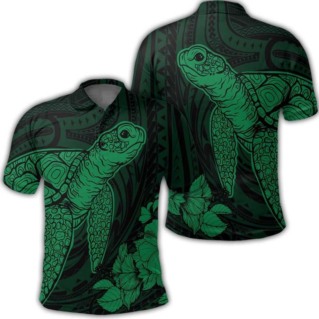 Hawaiian Hibiscus Memory Turtle Polynesian Polo Shirt Green Unisex Black - Polynesian Pride