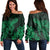 Hawaiian Hibiscus Memory Turtle Polynesian Women's Off Shoulder Sweater Green - AH Black - Polynesian Pride