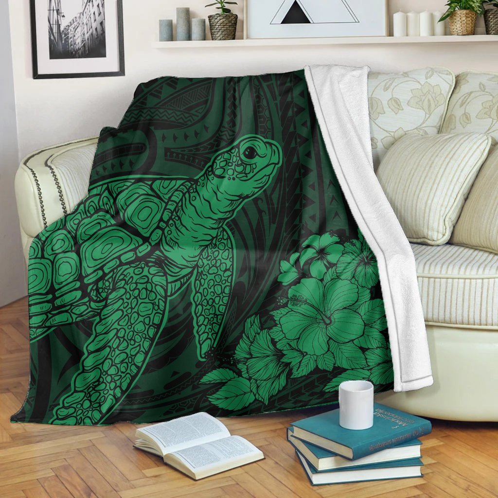 Hawaiian Hibiscus Memory Turtle Polynesian Premium Blankets Green - AH White - Polynesian Pride