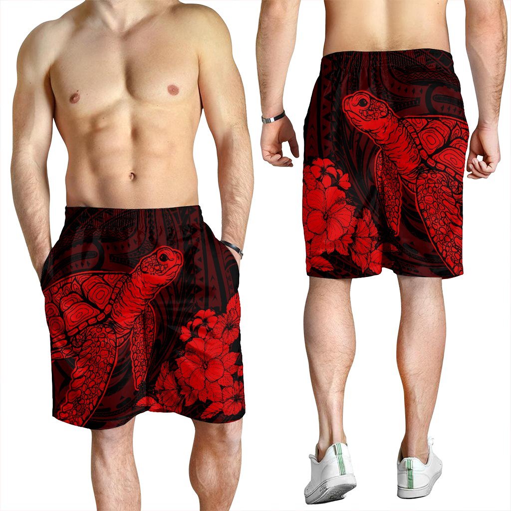 Hawaiian Hibiscus Memory Turtle Polynesian Men's Shorts Red - AH - Polynesian Pride