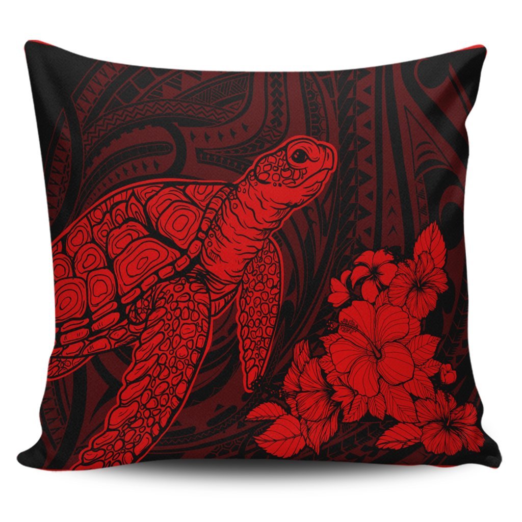 Hawaiian Hibiscus Memory Turtle Polynesian Pillow Covers Red - AH Pillow Covers Black - Polynesian Pride