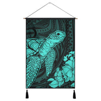 Hawaiian Hibiscus Memory Turtle Polynesian Hanging Poster Turquoise - AH Hanging Poster Cotton And Linen - Polynesian Pride