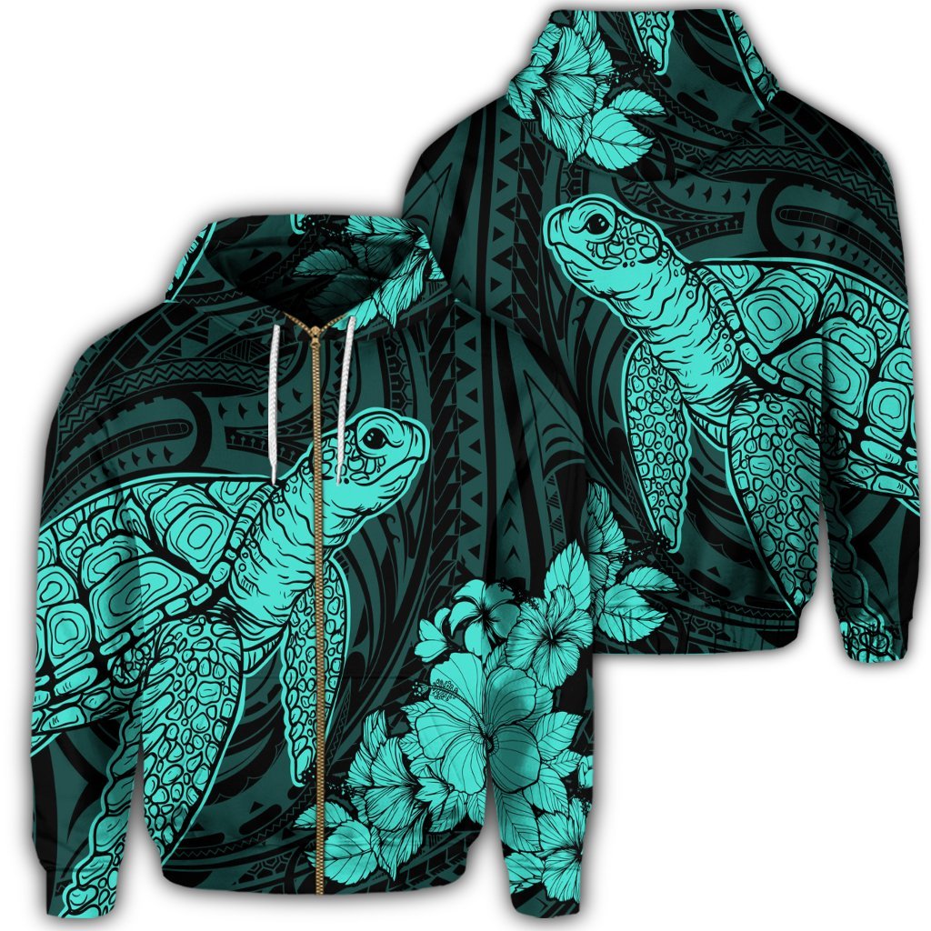 Hawaiian Hibiscus Memory Turtle Polynesian Zip Hoodie Turquoise Unisex Art - Polynesian Pride