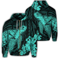 Hawaiian Hibiscus Memory Turtle Polynesian Zip Hoodie Turquoise Unisex Art - Polynesian Pride