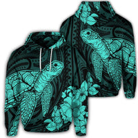 Hawaiian Hibiscus Memory Turtle Polynesian Hoodie Turquoise Unisex Art - Polynesian Pride