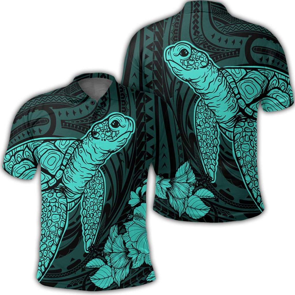 Hawaiian Hibiscus Memory Turtle Polynesian Polo Shirt Turquoise Unisex Black - Polynesian Pride