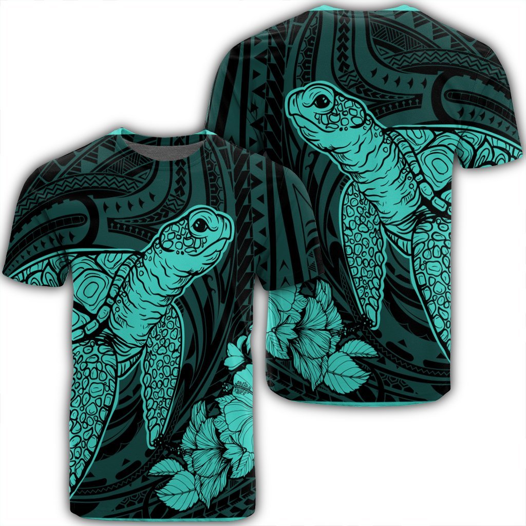 Hawaiian Hibiscus Memory Turtle Polynesian T Shirt Turquoise Unisex Black - Polynesian Pride