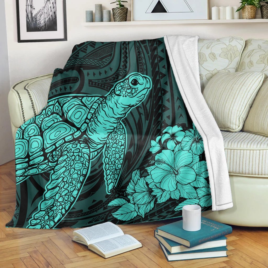 Hawaiian Hibiscus Memory Turtle Polynesian Premium Blankets Turquoise - AH White - Polynesian Pride