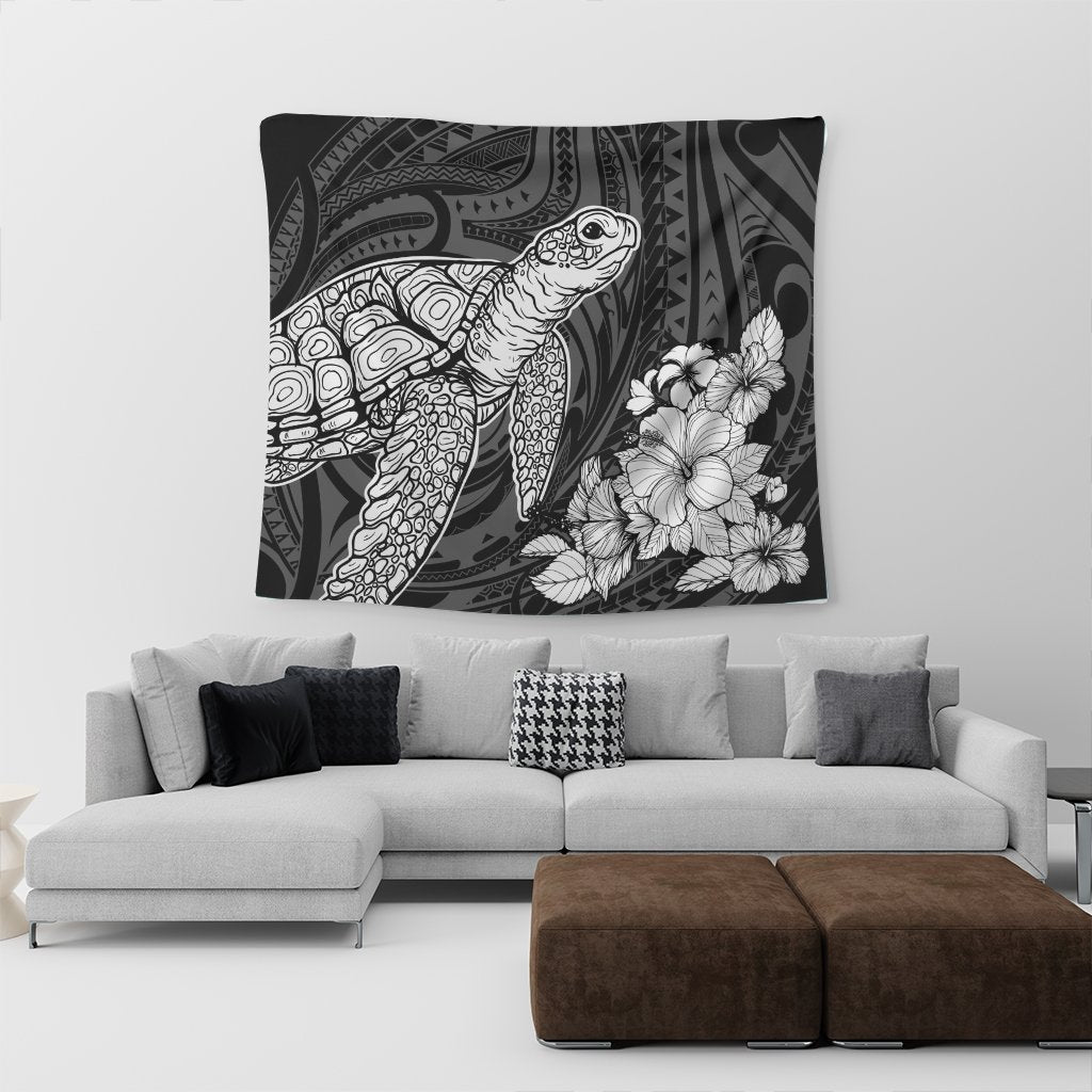 Hawaiian Hibiscus Memory Turtle Polynesian Tapestry White - AH - Polynesian Pride