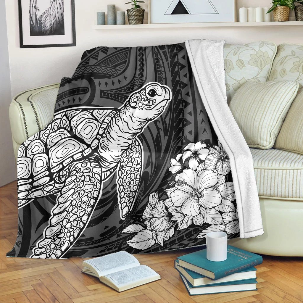 Hawaiian Hibiscus Memory Turtle Polynesian Premium Blankets White - AH White - Polynesian Pride