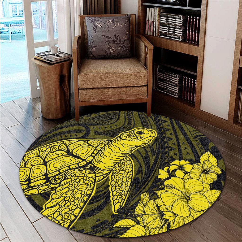 Hawaiian Hibiscus Memory Turtle Polynesian Round Carpet Yellow - AH - Polynesian Pride