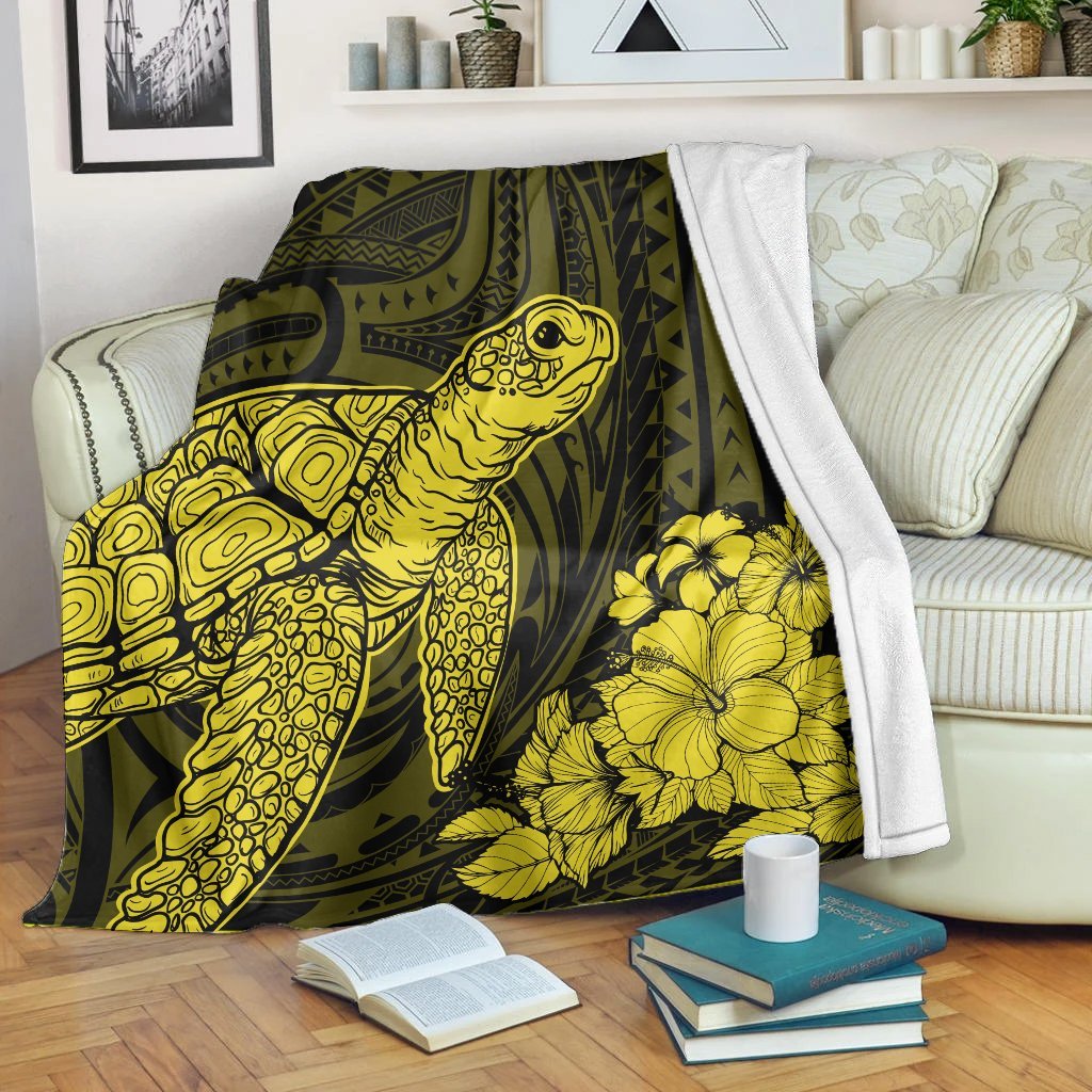 Hawaiian Hibiscus Memory Turtle Polynesian Premium Blankets Yellow - AH White - Polynesian Pride