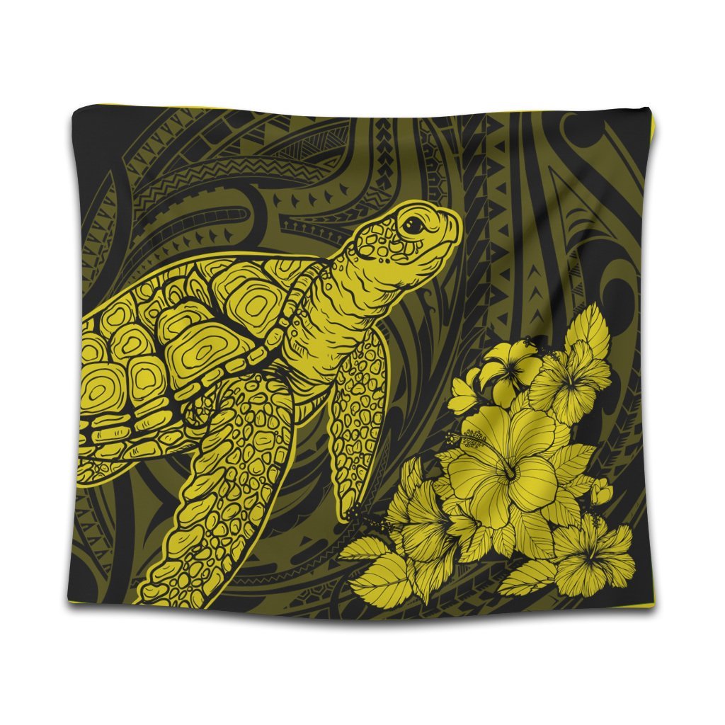 Hawaiian Hibiscus Memory Turtle Polynesian Tapestry Yellow - AH Wall Tapestry Black - Polynesian Pride