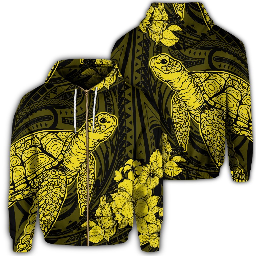 Hawaiian Hibiscus Memory Turtle Polynesian Zip Hoodie Yellow Unisex Art - Polynesian Pride