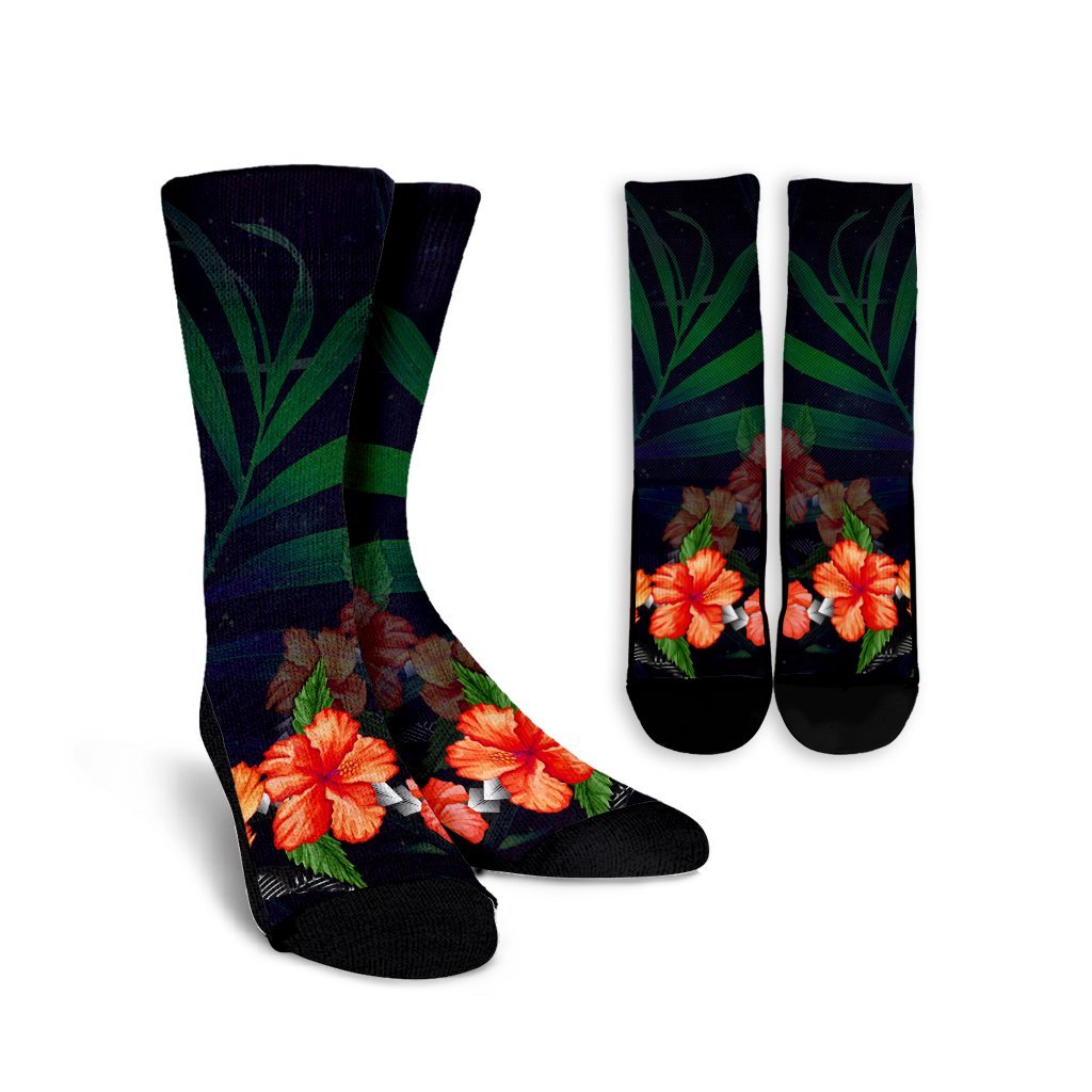 Hawaiian Hibiscus Palm Tree Background Polynesian Crew Socks - AH Crew Socks White - Polynesian Pride