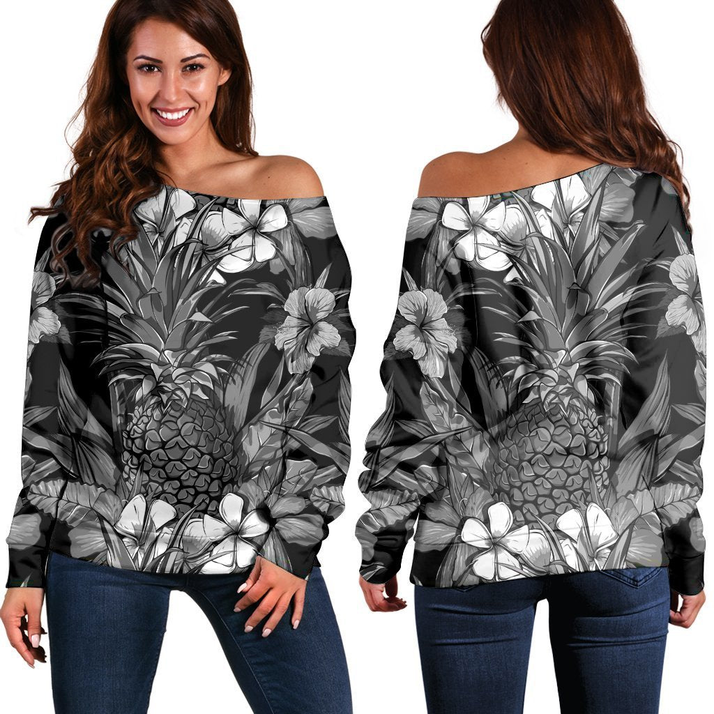 Hawaiian Hibiscus Plumeria And Pineapple Polynesian Women's Off Shoulder Sweater - AH Black - Polynesian Pride