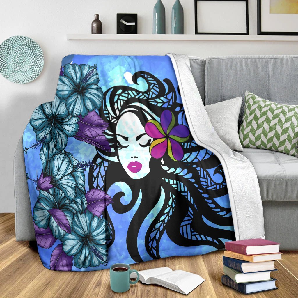Hawaiian Hibiscus Plumeria Hula Girl Polynesian Premium Blankets - AH - Polynesian Pride