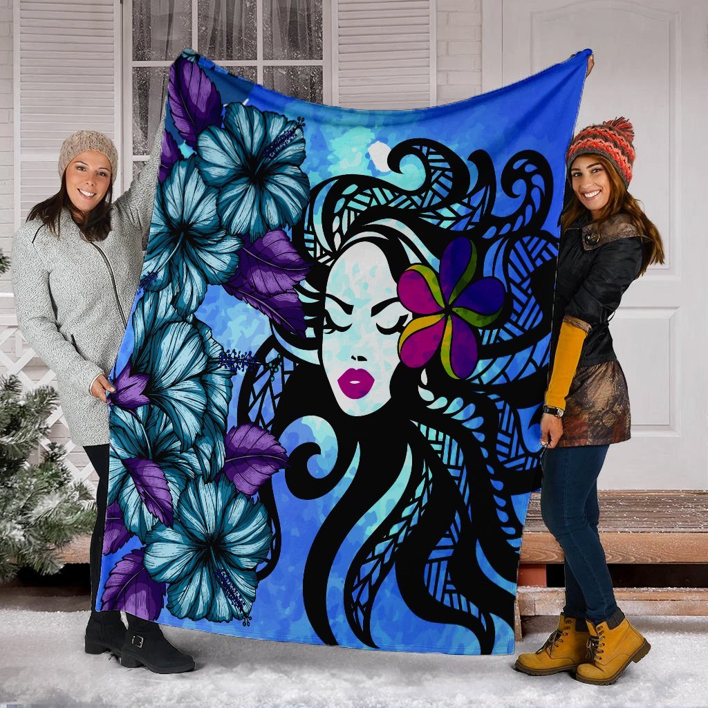 Hawaiian Hibiscus Plumeria Hula Girl Polynesian Premium Blankets - AH - Polynesian Pride