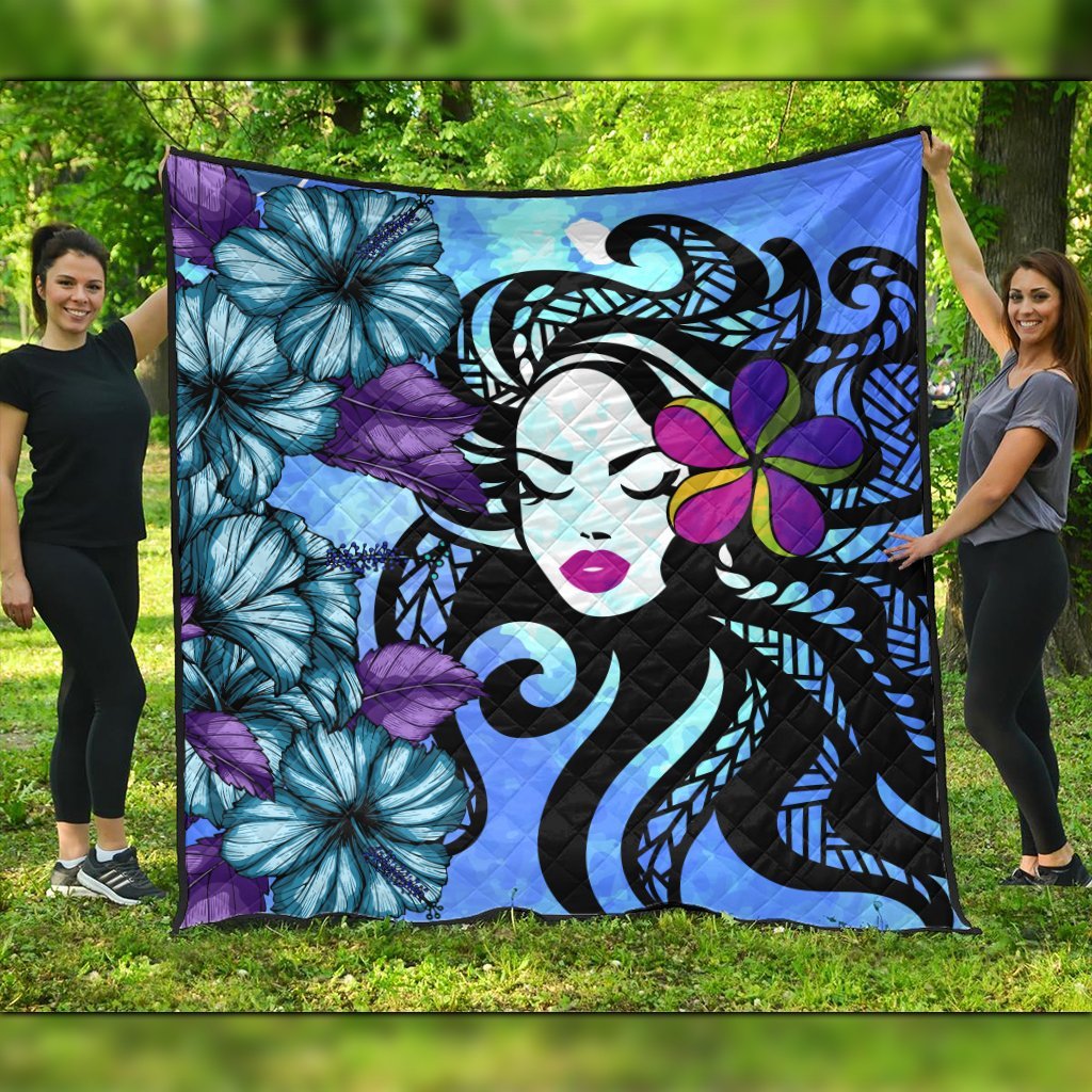 Hawaiian Hibiscus Plumeria Hula Girl Polynesian Premium Quilts - AH Black - Polynesian Pride