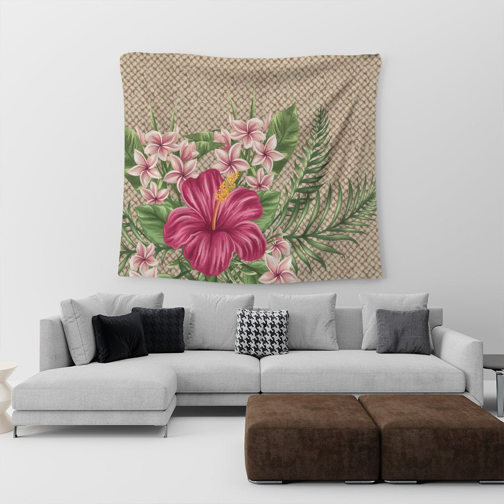 Hawaiian Hibiscus Plumeria Palm Leaves Lauhala Background Polynesian Tapestry - AH - Polynesian Pride