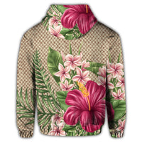 Hawaiian Hibiscus Plumeria Palm Leaves Lauhala Background Polynesian Zip Hoodie - Polynesian Pride