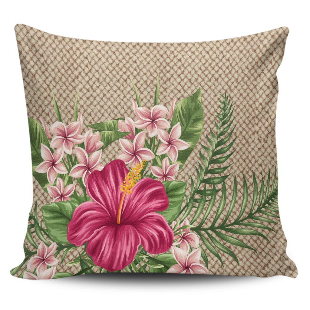 Hawaiian Hibiscus Plumeria Palm Leaves Lauhala Background Polynesian Pillow Covers - AH Pillow Covers Black - Polynesian Pride