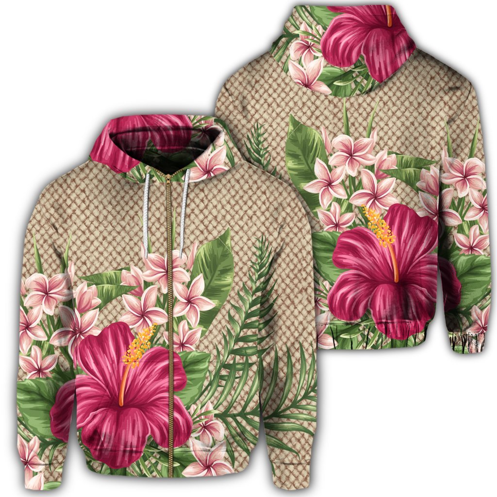 Hawaiian Hibiscus Plumeria Palm Leaves Lauhala Background Polynesian Zip Hoodie Unisex Art - Polynesian Pride