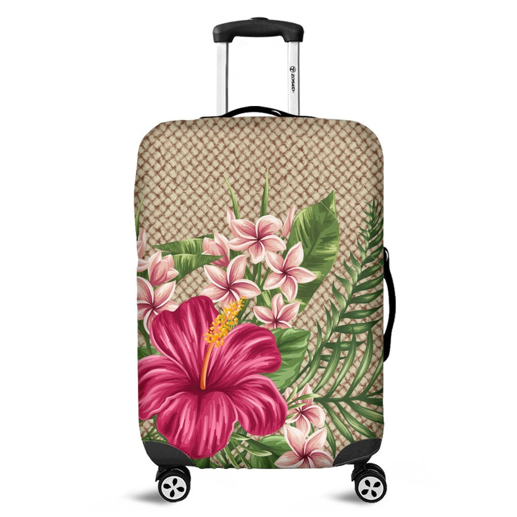 Hawaiian Hibiscus Plumeria Palm Leaves Lauhala Background Polynesian Luggage Covers - AH Black - Polynesian Pride