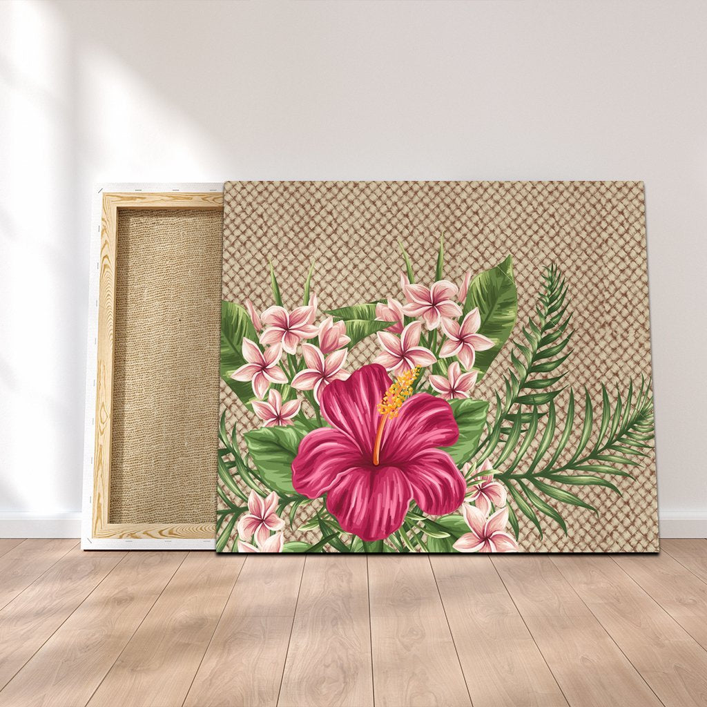 Hawaiian Hibiscus Plumeria Palm Leaves Lauhala Background Polynesian Canvas - AH Canvas Poly-cotton - Polynesian Pride