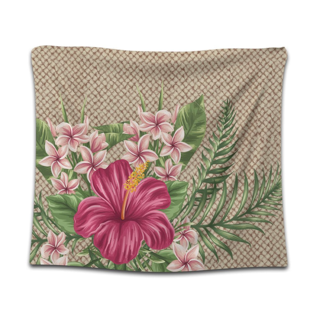 Hawaiian Hibiscus Plumeria Palm Leaves Lauhala Background Polynesian Tapestry - AH Wall Tapestry Black - Polynesian Pride