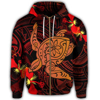 Hawaiian Hibiscus Plumeria Red Big Turtle Polynesian Zip Hoodie - Polynesian Pride