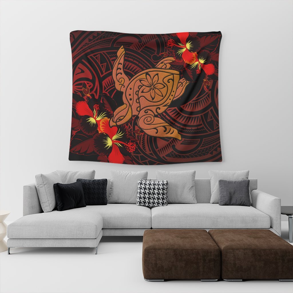 Hawaiian Hibiscus Plumeria Red Big Turtle Polynesian Tapestry - AH - Polynesian Pride