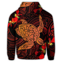 Hawaiian Hibiscus Plumeria Red Big Turtle Polynesian Zip Hoodie - Polynesian Pride