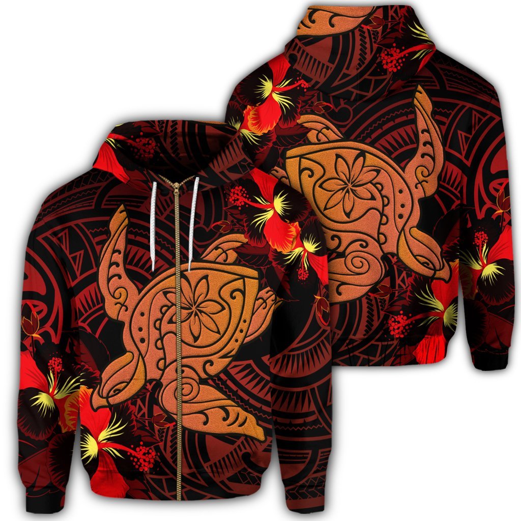Hawaiian Hibiscus Plumeria Red Big Turtle Polynesian Zip Hoodie Unisex Art - Polynesian Pride