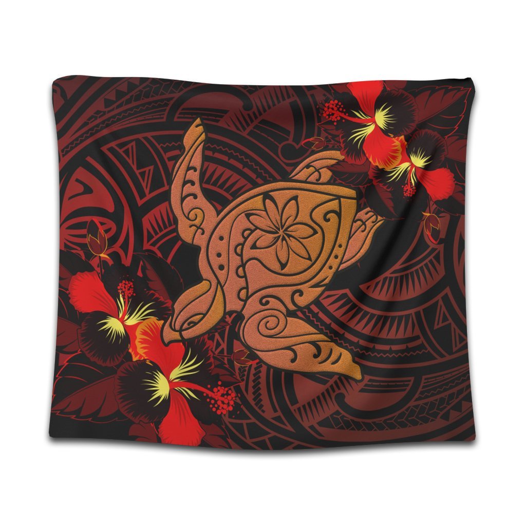 Hawaiian Hibiscus Plumeria Red Big Turtle Polynesian Tapestry - AH Wall Tapestry Black - Polynesian Pride