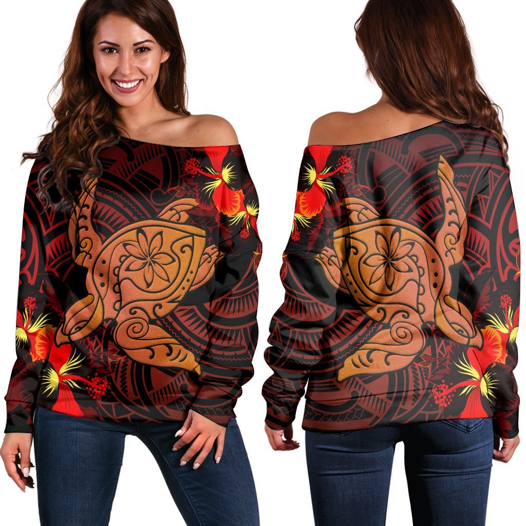 Hawaiian Hibiscus Plumeria Red Big Turtle Polynesian Women's Off Shoulder Sweater - AH Black - Polynesian Pride