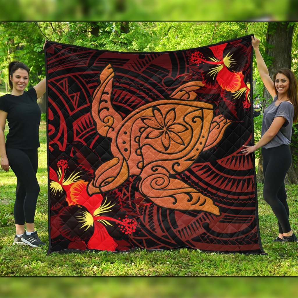 Hawaiian Hibiscus Plumeria Red Big Turtle Polynesian Premium Quilts - AH Black - Polynesian Pride