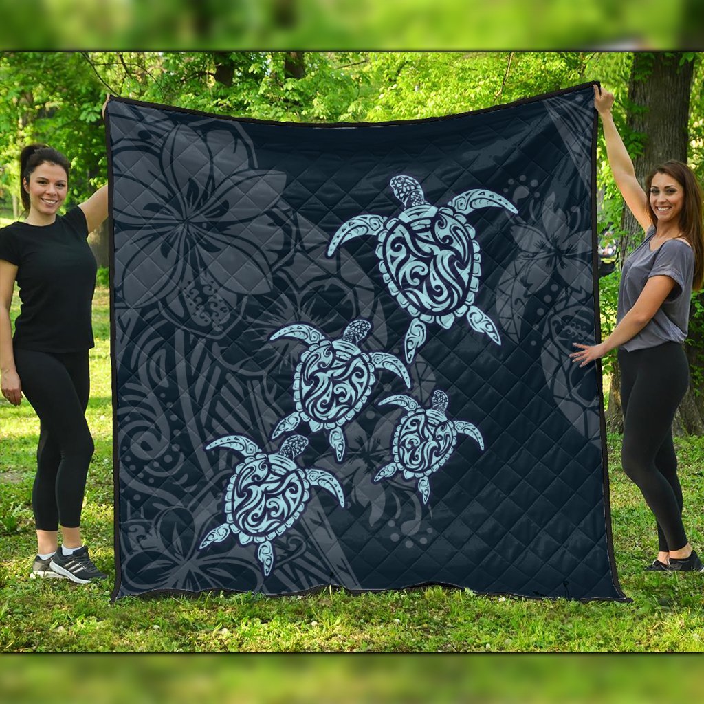 Hawaiian Hibiscus Plumeria Sea Turtle Polynesian Premium Quilts - AH Black - Polynesian Pride