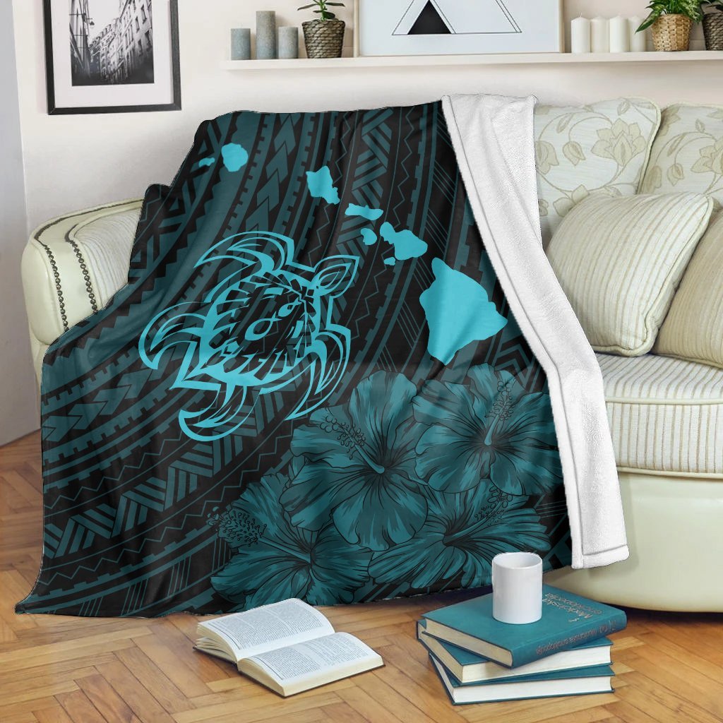 Hawaiian Hibiscus Sea Turtle Swim Polynesian Premium Blankets - Blue - AH White - Polynesian Pride