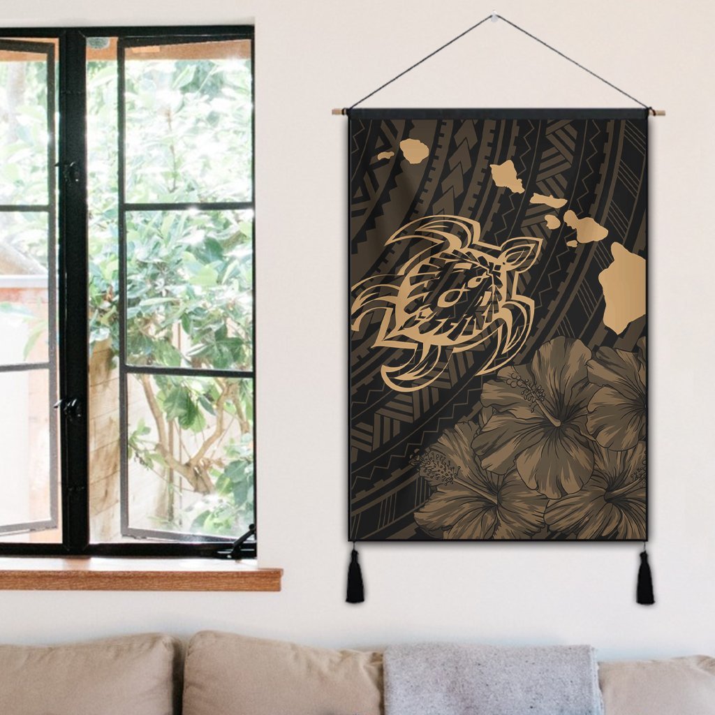 Hawaiian Hibiscus Sea Turtle Swim Polynesian Hanging Poster - Gold - AH - Polynesian Pride