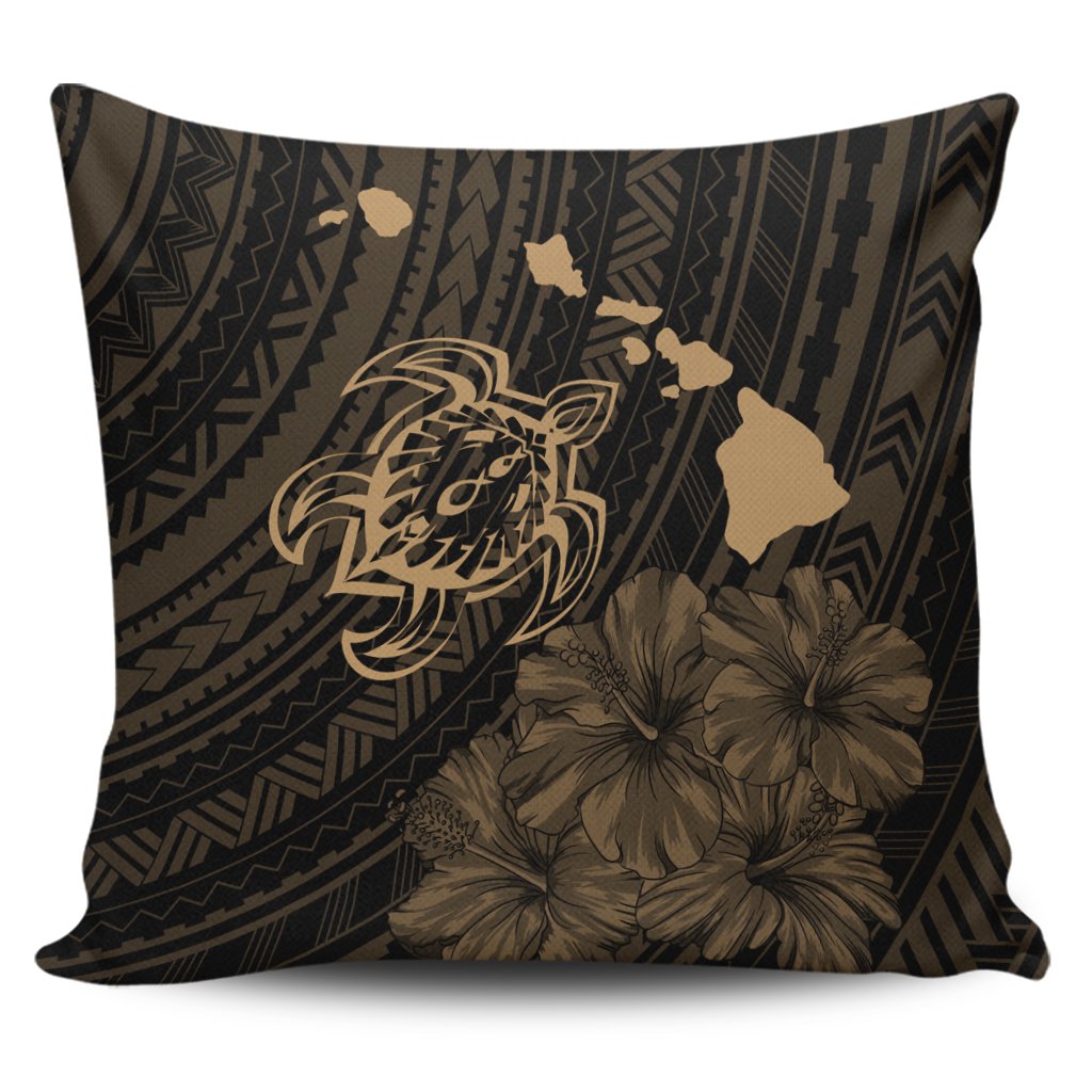 Hawaiian Hibiscus Sea Turtle Swim Polynesian Pillow Covers - Gold - AH Pillow Covers Black - Polynesian Pride