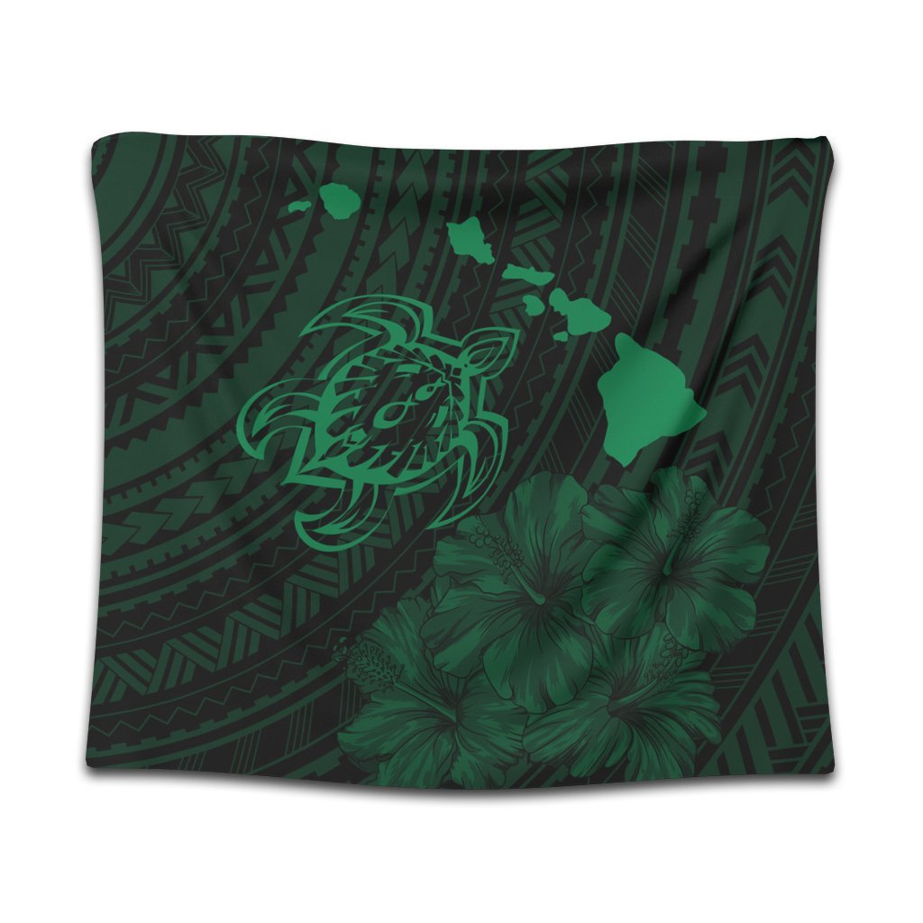 Hawaiian Hibiscus Sea Turtle Swim Polynesian Tapestry - Green - AH Wall Tapestry Black - Polynesian Pride