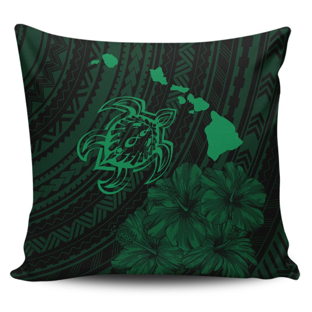 Hawaiian Hibiscus Sea Turtle Swim Polynesian Pillow Covers - Green - AH Pillow Covers Black - Polynesian Pride