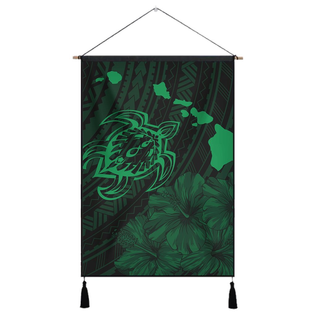 Hawaiian Hibiscus Sea Turtle Swim Polynesian Hanging Poster - Green - AH Hanging Poster Cotton And Linen - Polynesian Pride